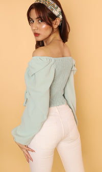 KIRA Ruched Off-Shoulder Top (Mint Green)