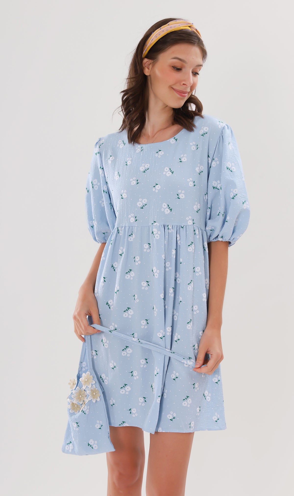 YANA Floral-Print Puff-Sleeve Babydoll Dress w/ Bag (Powder Blue)