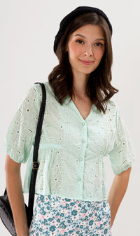 MICAELA Buttoned Eyelet Peplum Top (Mint)