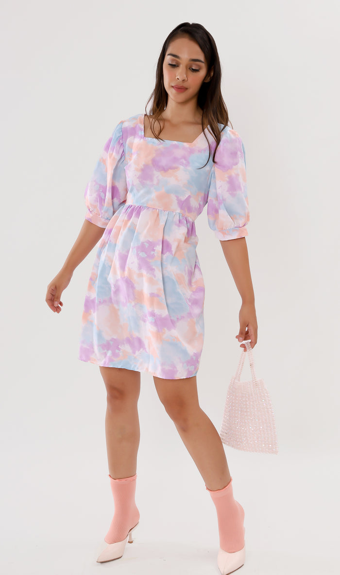 EFFIE Pastel Puff-Sleeve Dress (Purple)
