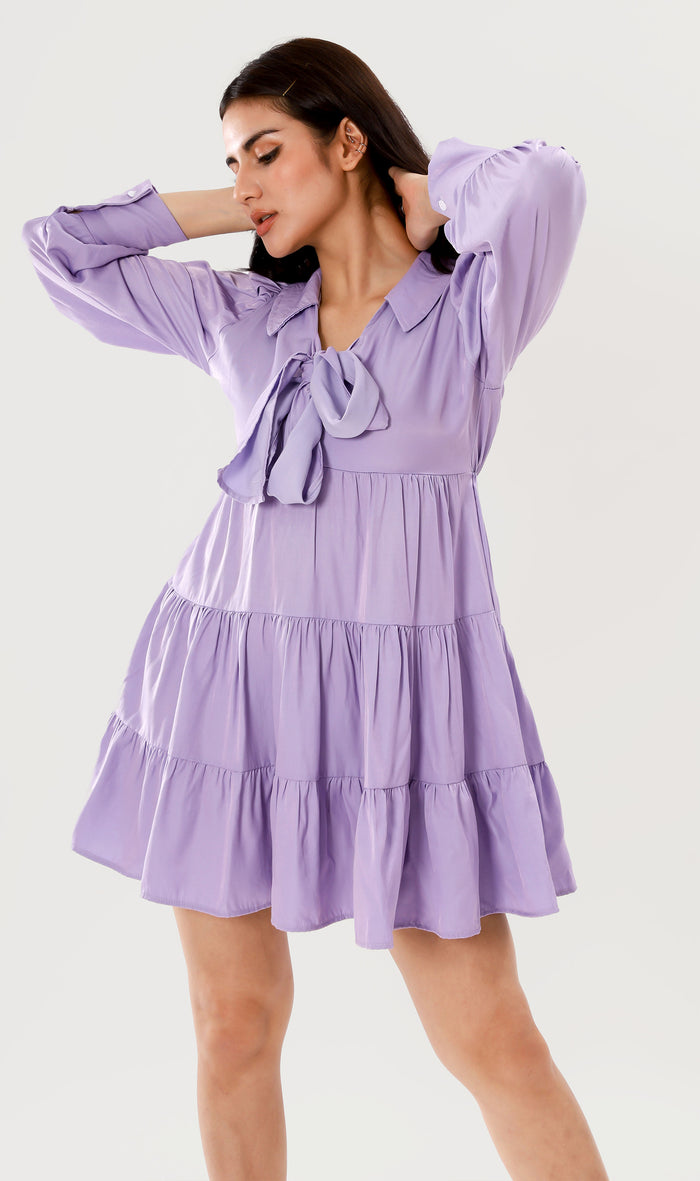 ARMELLE Ribboned Long-Sleeve Tiered Dress (Lilac)