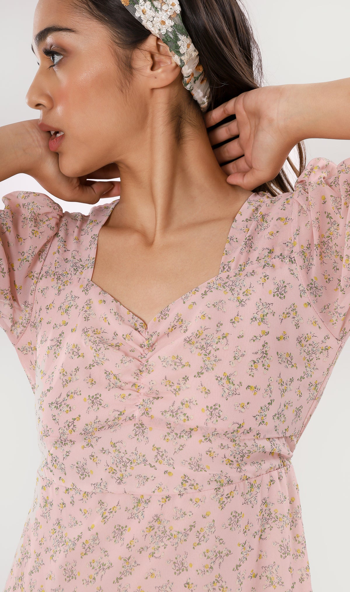 CRYSTAL Puff-Sleeve Ruffled Dress (Blush)