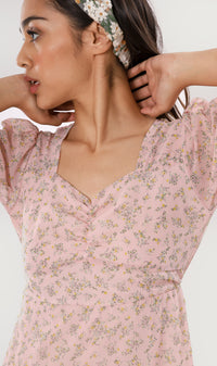CRYSTAL Puff-Sleeve Ruffled Dress (Blush)