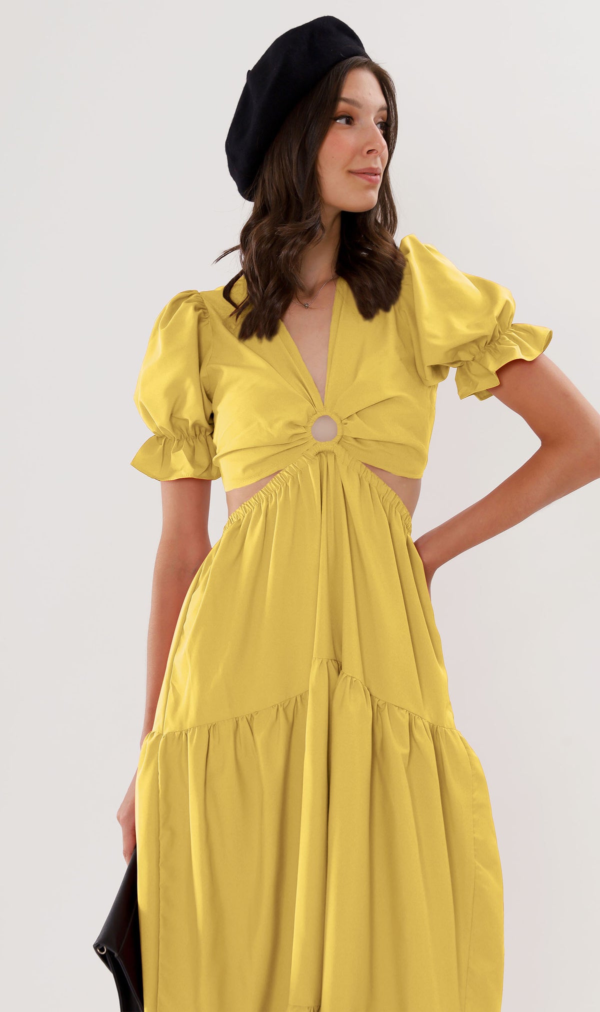 PHAYRE Cut-Out Puff-Sleeve Midi Dress (Yellow)