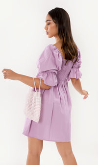 REYA Smocked Puff-Sleeve Linen Dress (Lilac)