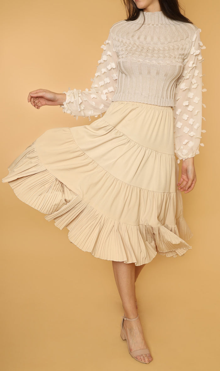 SUKI Tiered Midi Skirt (Light Beige)