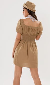 QUINCY Ruched Puff-Sleeve Dress w/ Hat (Mocha Brown)