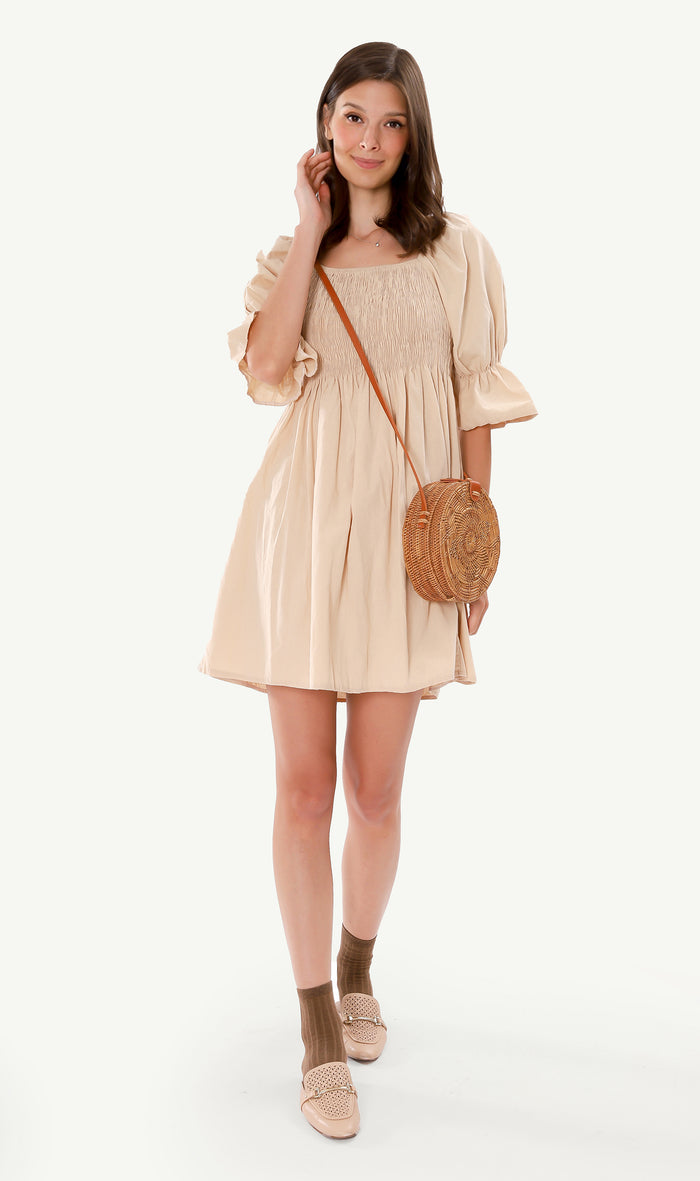REYA Smocked Puff-Sleeve Linen Dress (Nude)