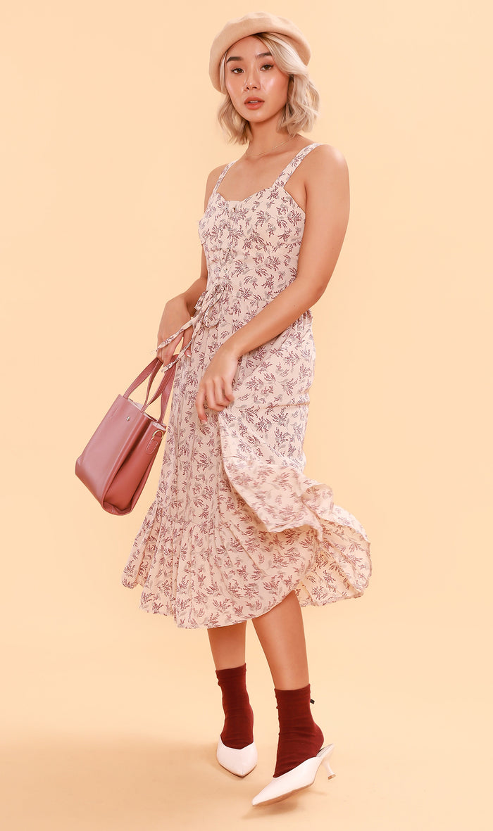 CRESSIDA Floral Lace-Up Midi Dress (Blush Beige)