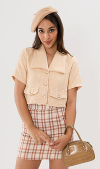 DIONNE Wide-Collar Tweed Blazer Top (Peach)