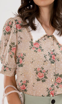 FARRAH Vintage-Collar Chiffon Button-Down (Nude)
