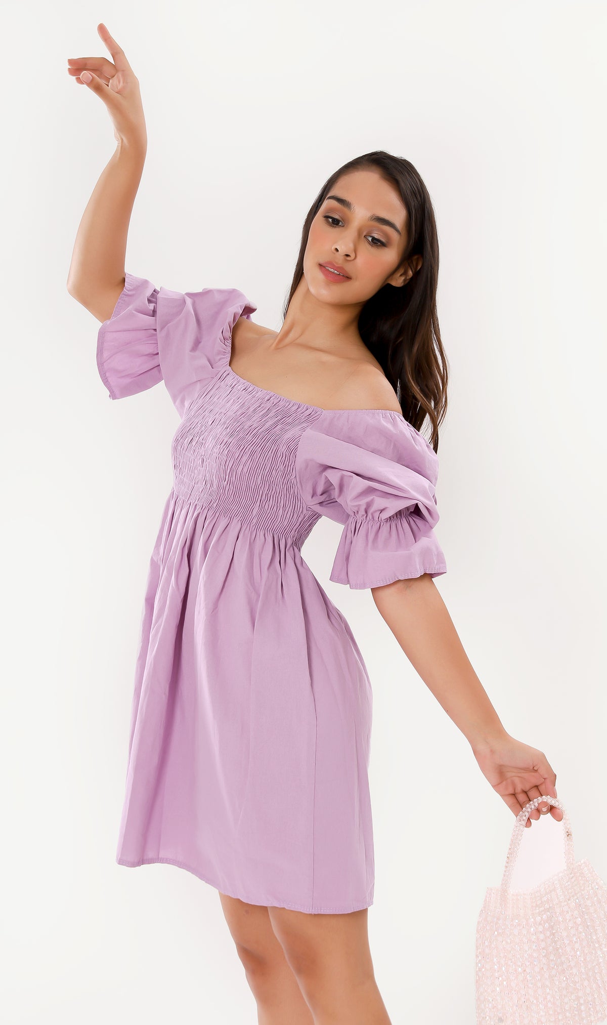 REYA Smocked Puff-Sleeve Linen Dress (Lilac)