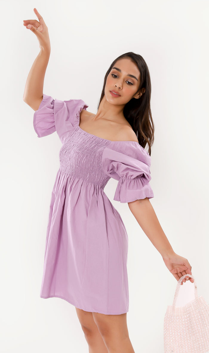 REYA Smocked Puff-Sleeve Linen Dress (Lilac)
