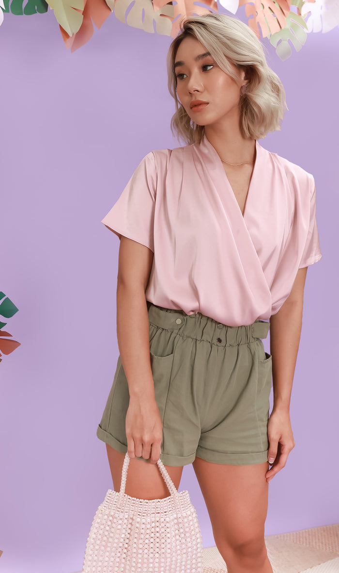 GEORGIA Ruched-Waist Shorts (Sage Green)