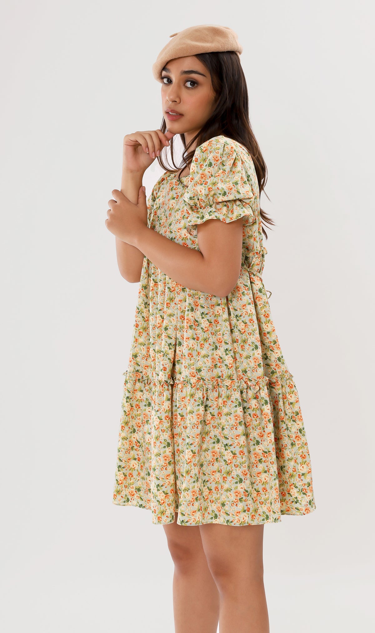 JADE Tiered Puff-Sleeve Dress (Pastel Green)