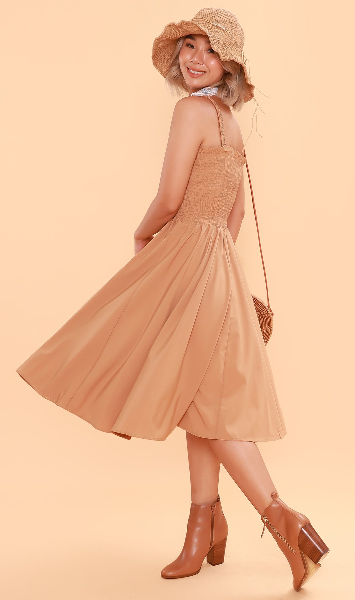 GENEVIEVE Smocked Midi Dress (Latte Brown)
