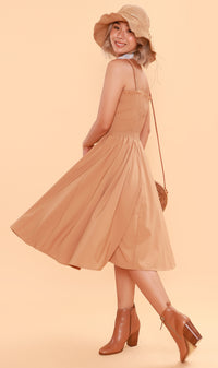 GENEVIEVE Smocked Midi Dress (Latte Brown)