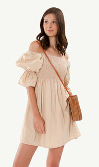 REYA Smocked Puff-Sleeve Linen Dress (Nude)