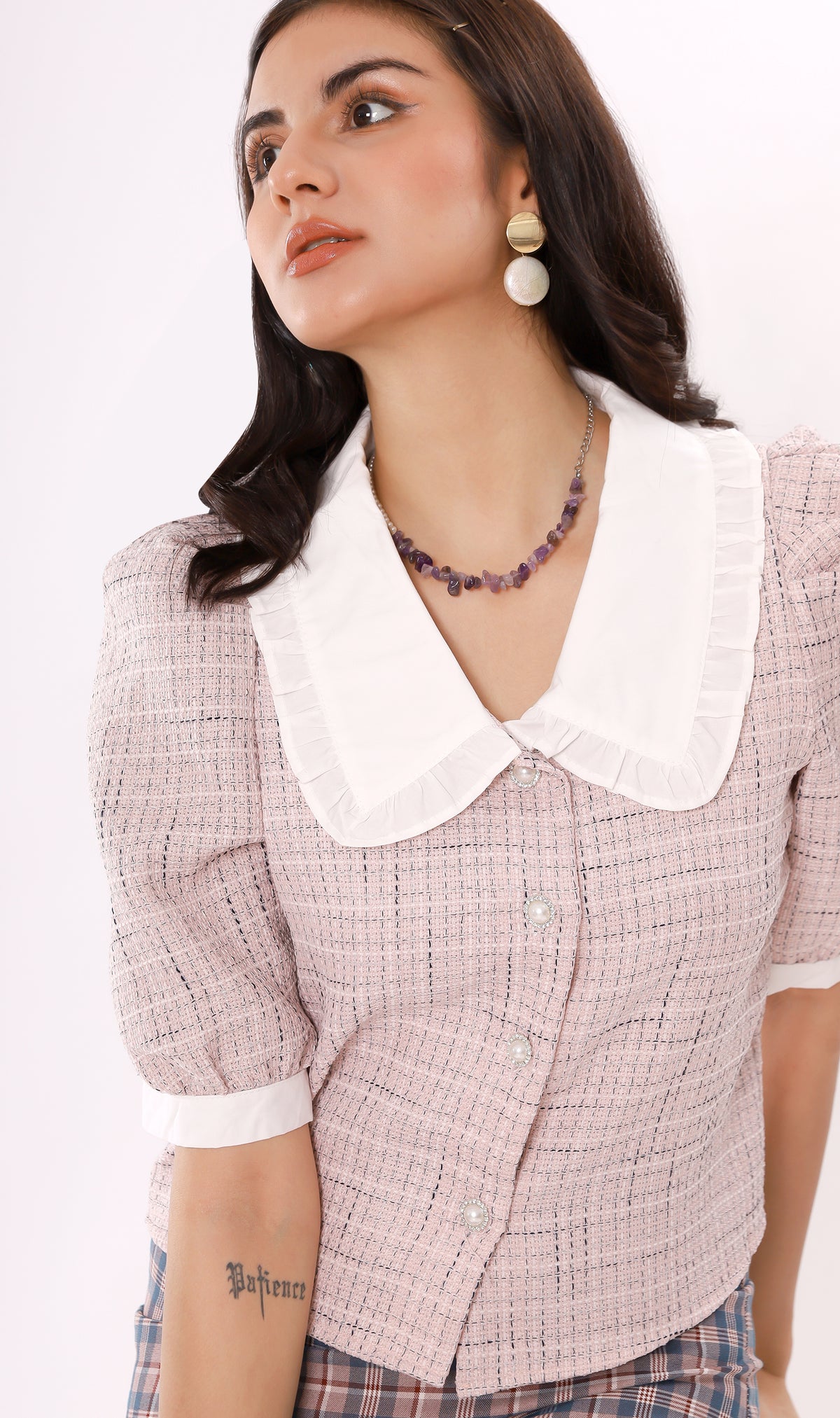 FAY Prairie-Collar Tweed Blazer Top(Pink)