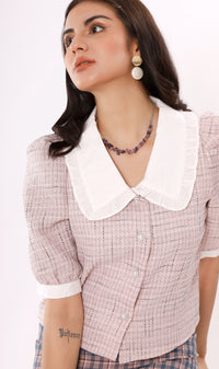 FAY Prairie-Collar Tweed Blazer Top(Pink)