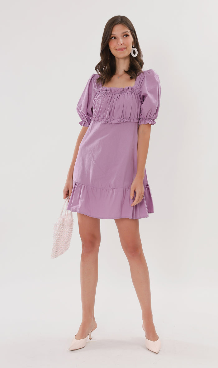 CLAUDETTE Ruched-Bust Ruffled Dress (Lilac)