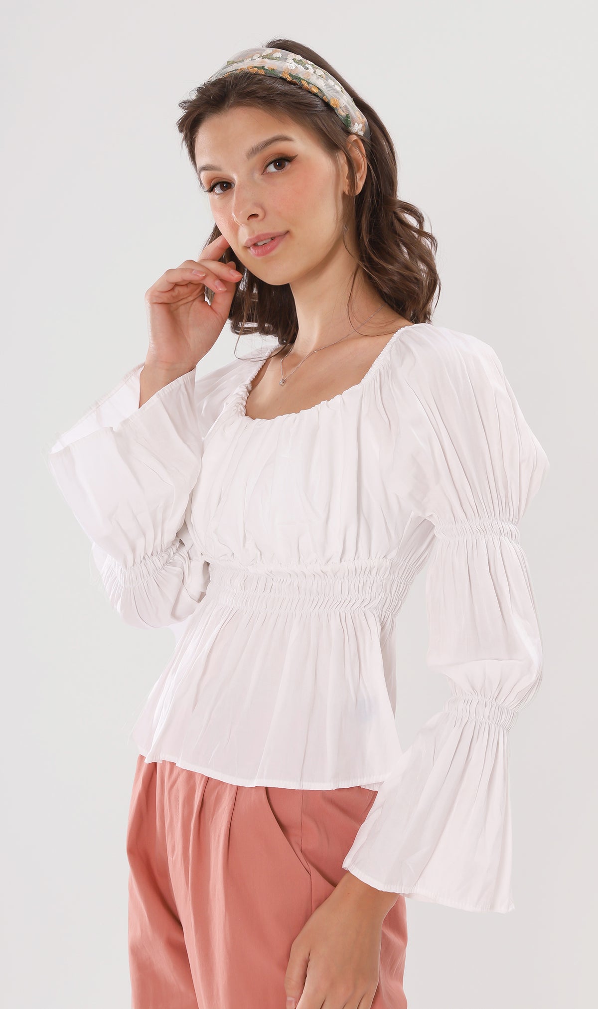PRISCILLA Tiered-Sleeve Ruched 2-Way Top (White)