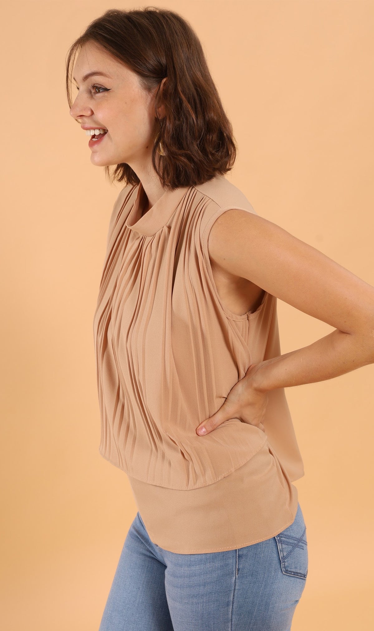 GEMMA Pleated Mock-Neck Top (Latte)