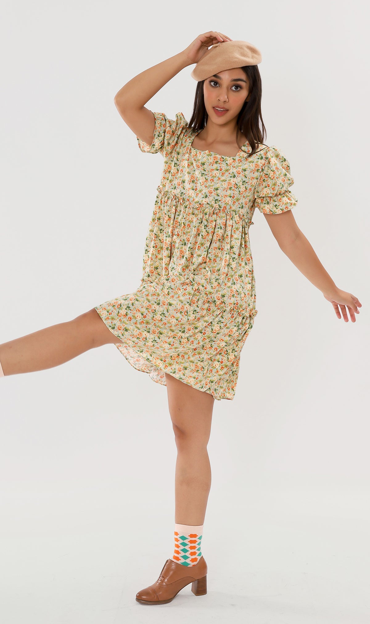 JADE Tiered Puff-Sleeve Dress (Pastel Green)