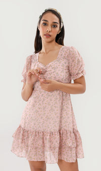 CRYSTAL Puff-Sleeve Ruffled Dress (Blush)
