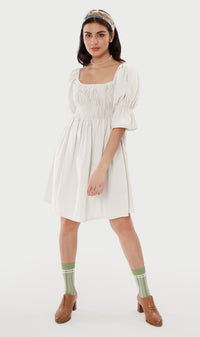 REYA Smocked Puff-Sleeve Linen Dress (White)