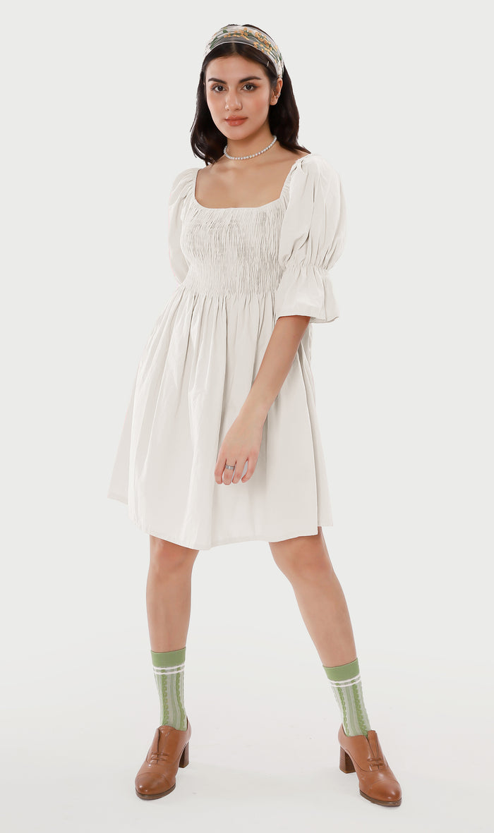 REYA Smocked Puff-Sleeve Linen Dress (White)