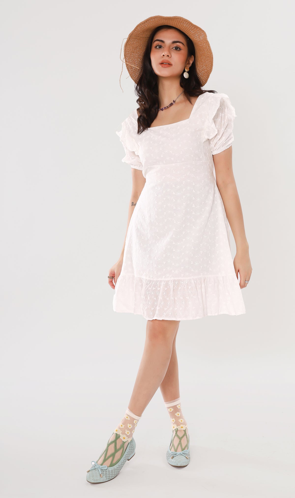 YUKI Ruffled-Sleeve Eyelet Dress