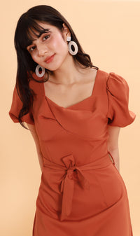 DAPH Puff-Sleeve Midi Dress (Rust)