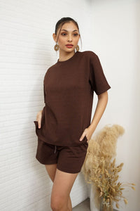 CALLIE Crew-Neck Top & Shorts Co-ord (Chocolate Brown)