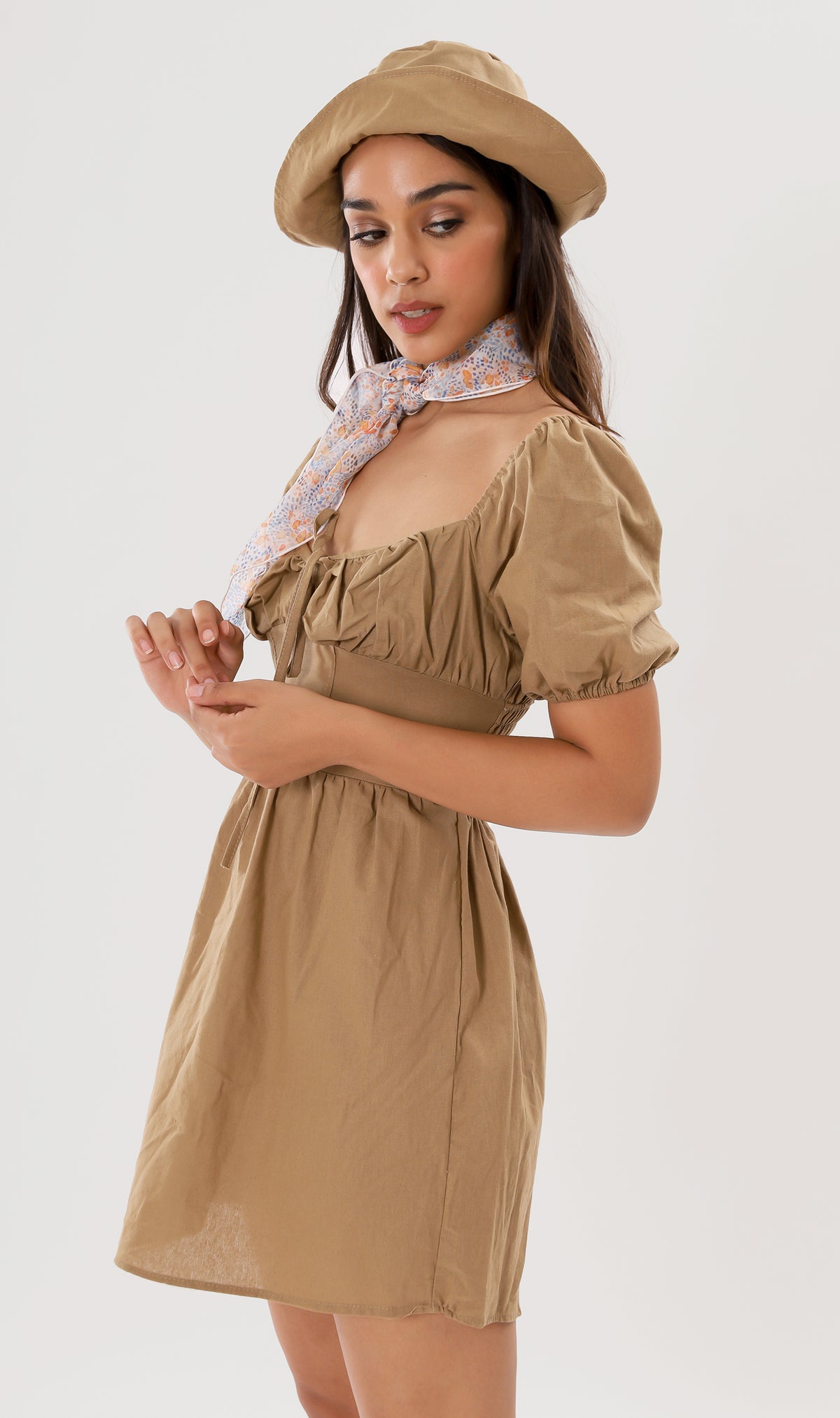 QUINCY Ruched Puff-Sleeve Dress w/ Hat (Mocha Brown)