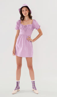 QUINCY Ruched Puff-Sleeve Dress w/ Hat (Lilac)