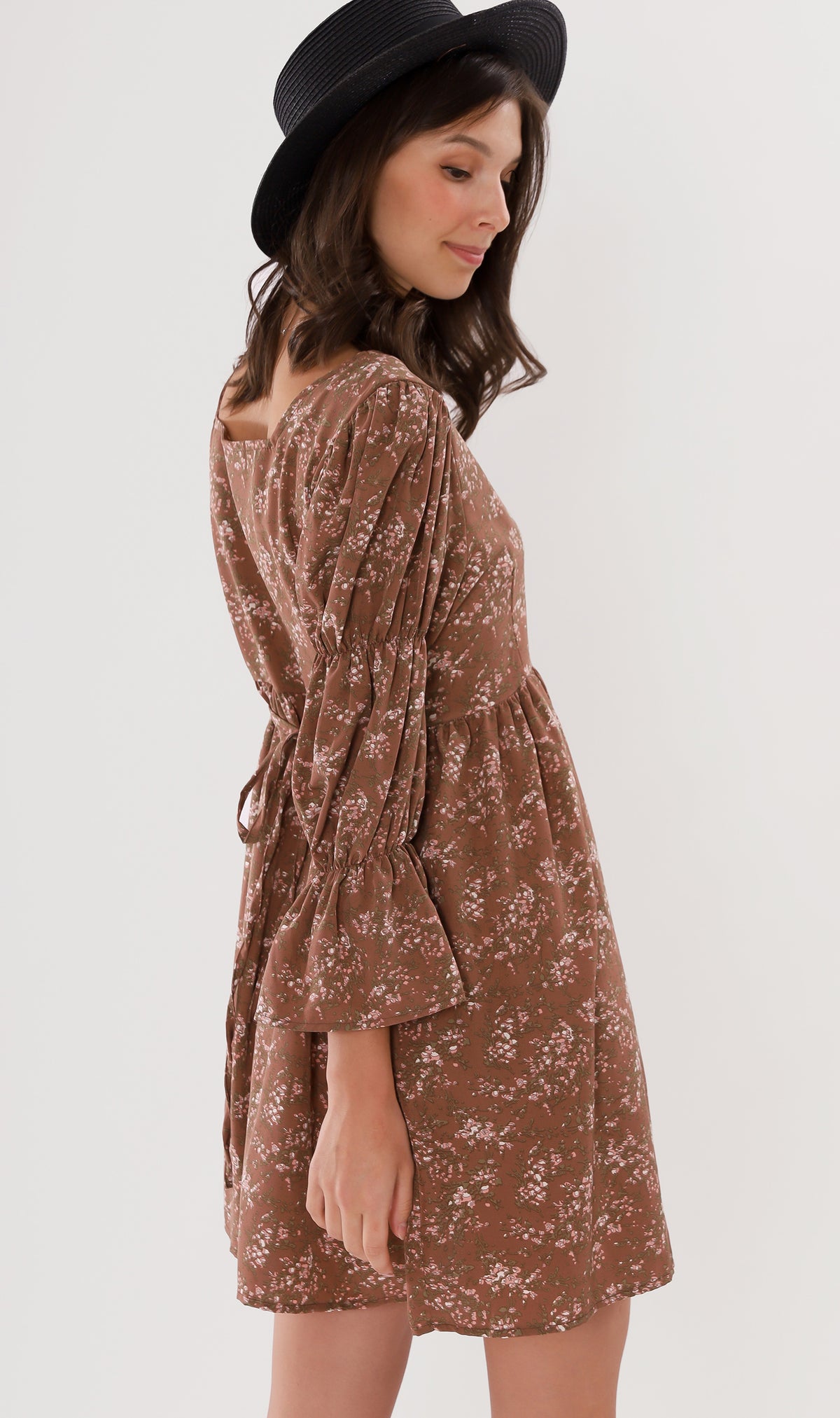 VALERIE Tiered-Sleeve Floral Dress (Mocha)