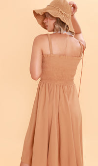 GENEVIEVE Smocked Midi Dress (Latte Brown)