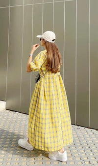 HAISLEY Puff-Sleeve Plaid Maxi Dress (Yellow)