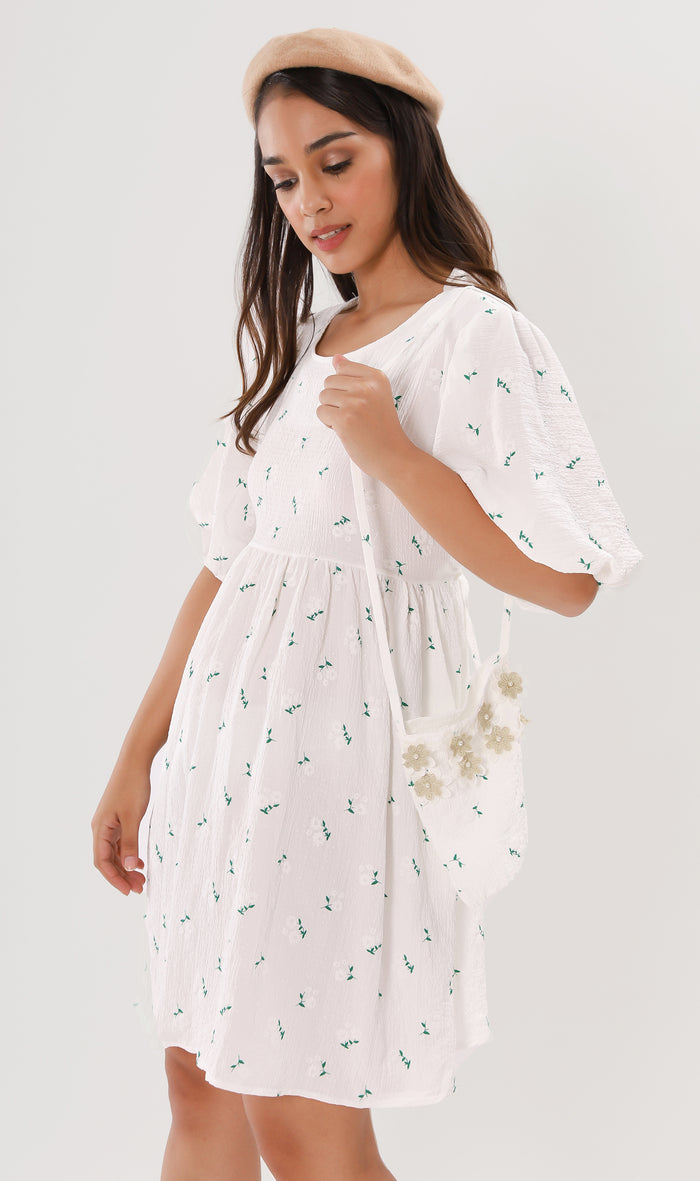 YANA Floral-Print Puff-Sleeve Babydoll Dress w/ Bag (White)
