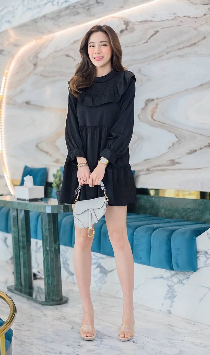 IMOGEN Bib-Collar Long-Sleeve Tiered Dress (Black)