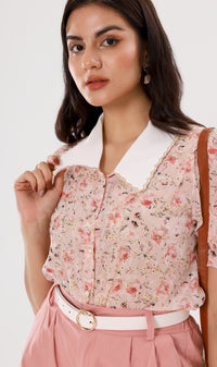 FARRAH Vintage-Collar Chiffon Button-Down (Blush)