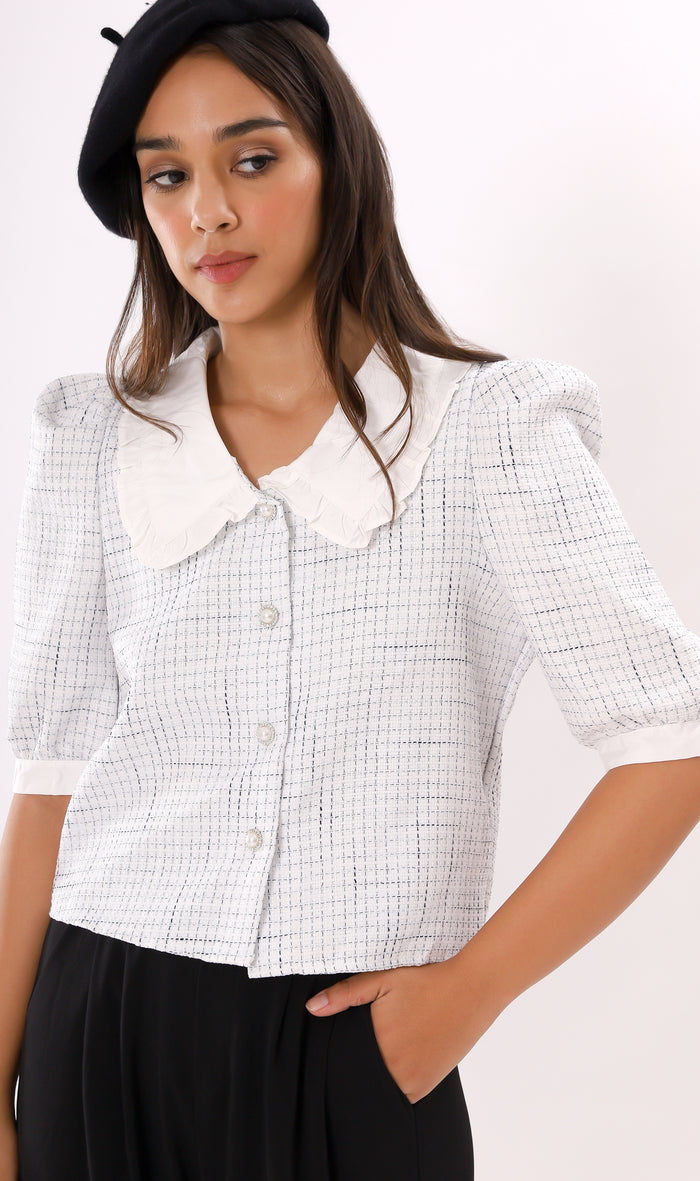 FAY Prairie-Collar Tweed Blazer Top(Powder)
