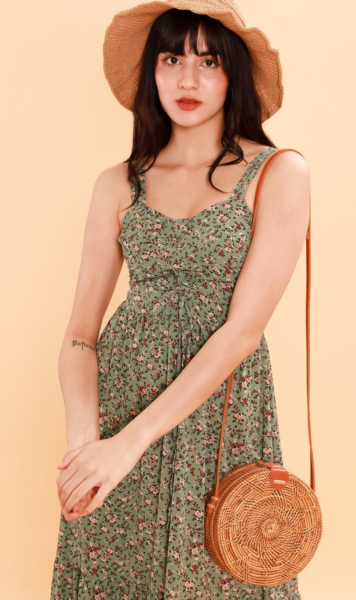 CRESSIDA Floral Lace-Up Midi Dress (Pistachio)