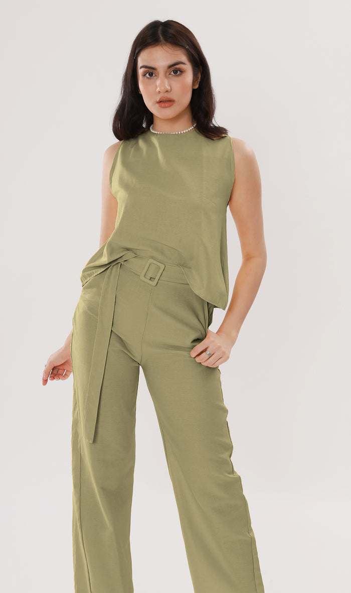 WILLA Linen Sleeveless Top & Belted Pants Co-ord (Sage)