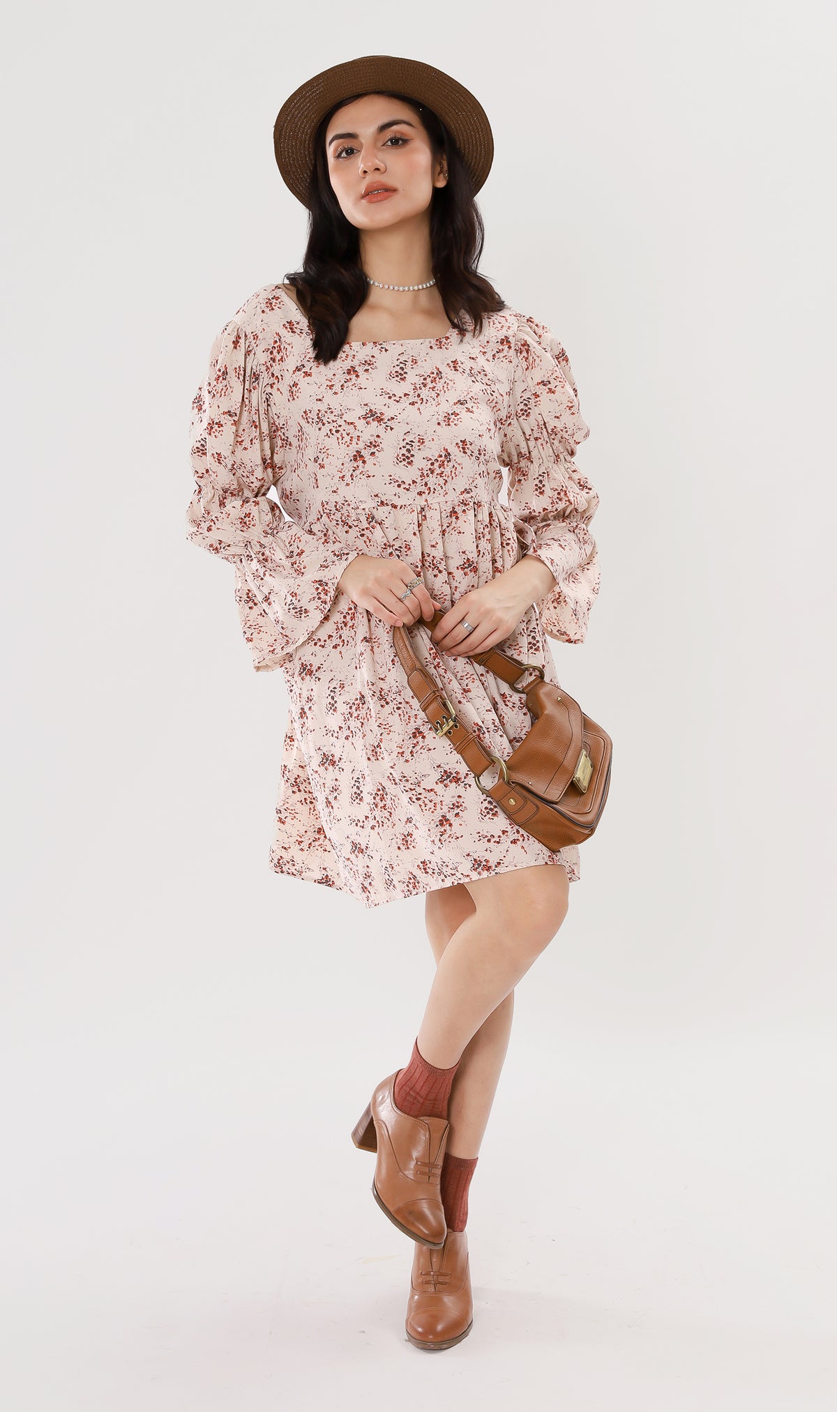 VALERIE Tiered-Sleeve Floral Dress (Cream)