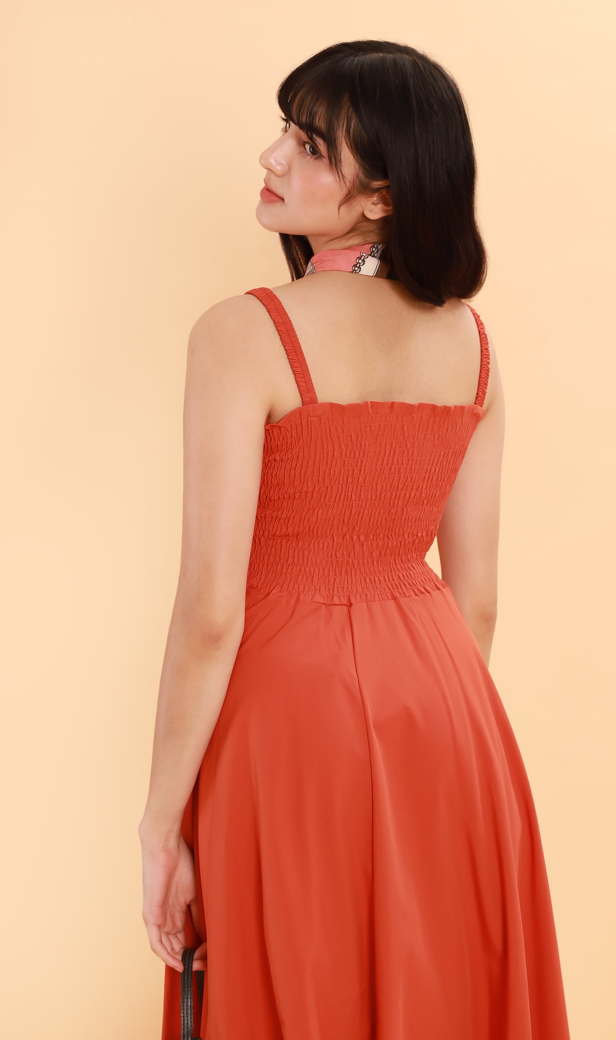 GENEVIEVE Smocked Midi Dress (Fire Orange)