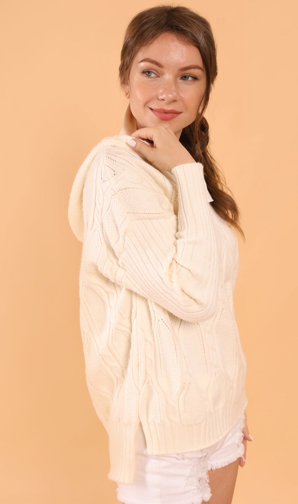 ALYSSA Textured Knit Hoodie (Cream)