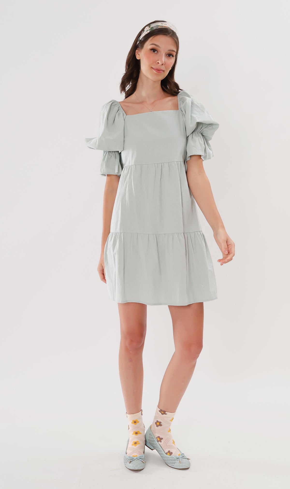 MADILYN Tiered Tie Puff-Sleeve Dress (Mint)