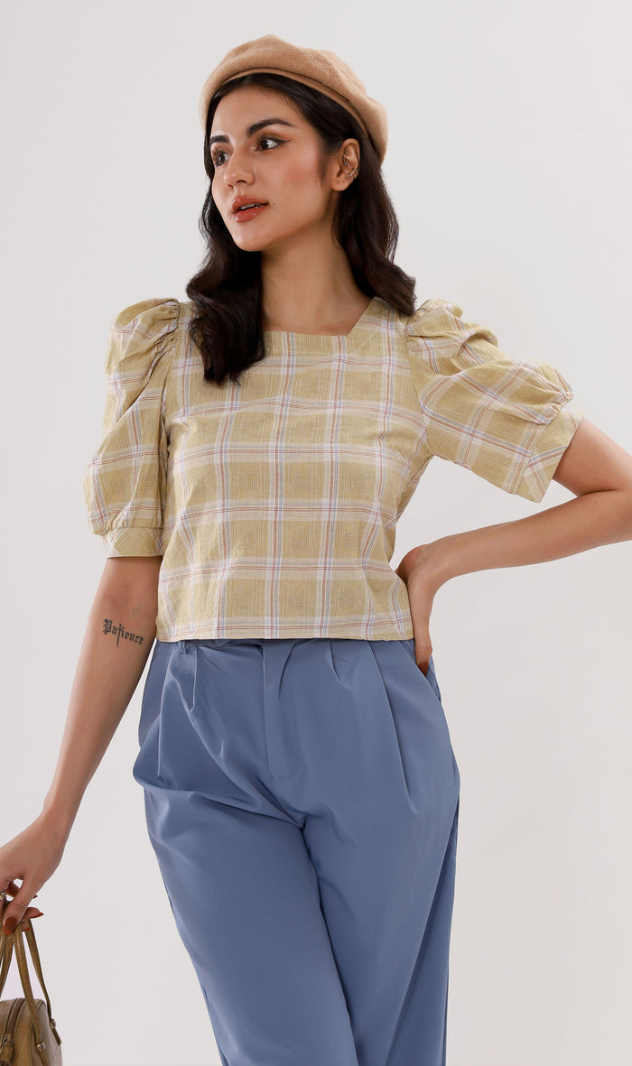 MARLA Plaid Puff-Sleeve 2-way Top (Yellow)